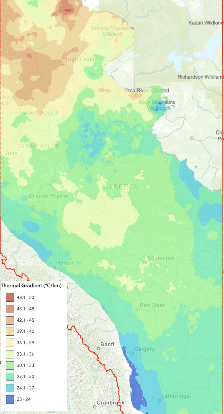 Coloured map of most of the Province of Alberta, Canada, showing the geothermal gradients found across the province, with a key to the values of the various colours on one side