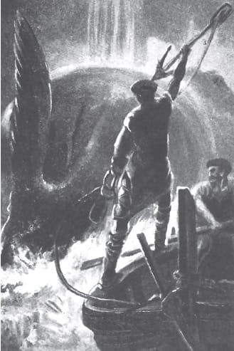 Two mariners in a tiny rowboat attack a gigantic whale with a harpoon, basque-style.