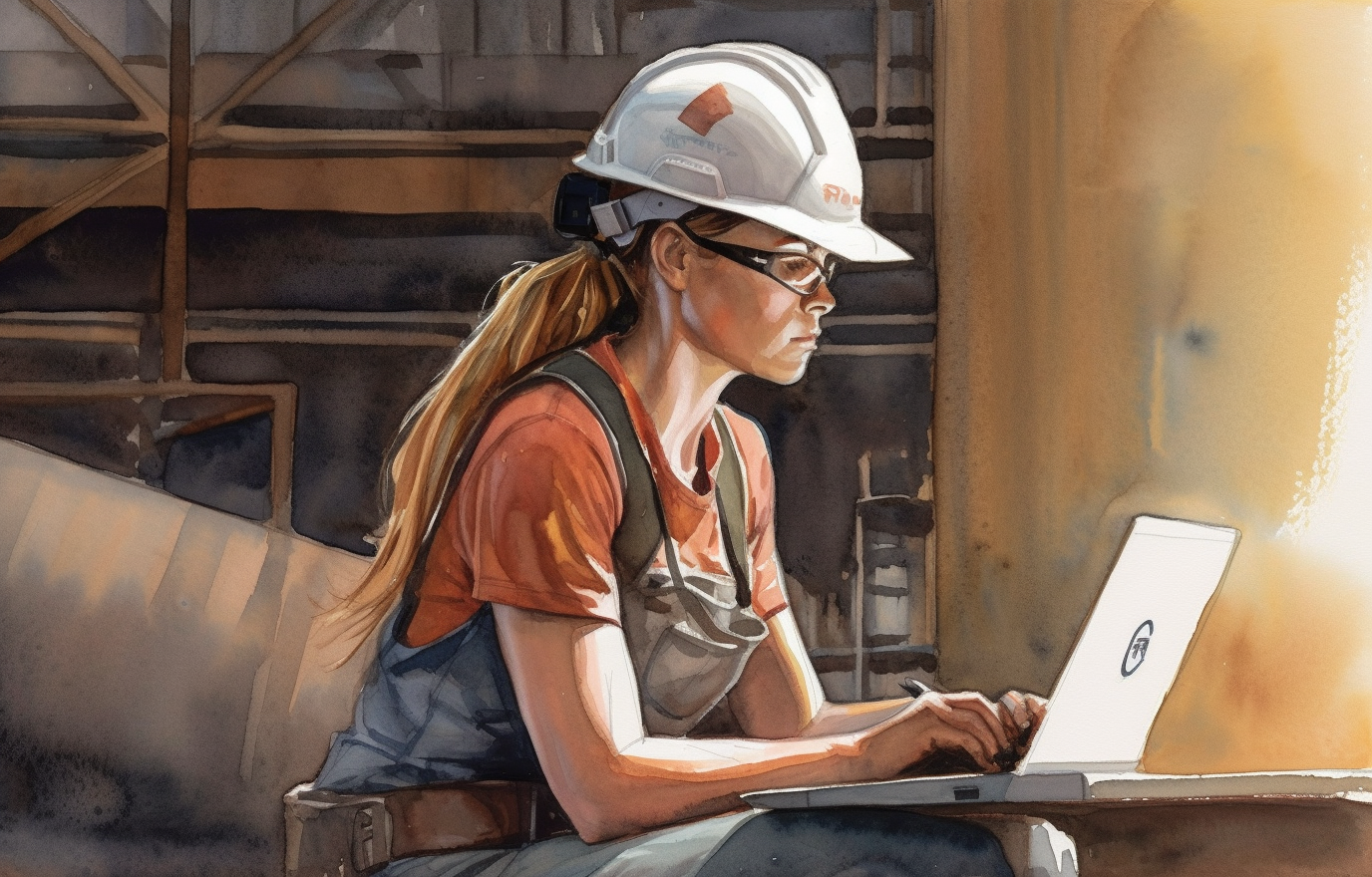 Worker in a hardhat and coveralls, using a laptop while sitting in front of a petroleum plant. 