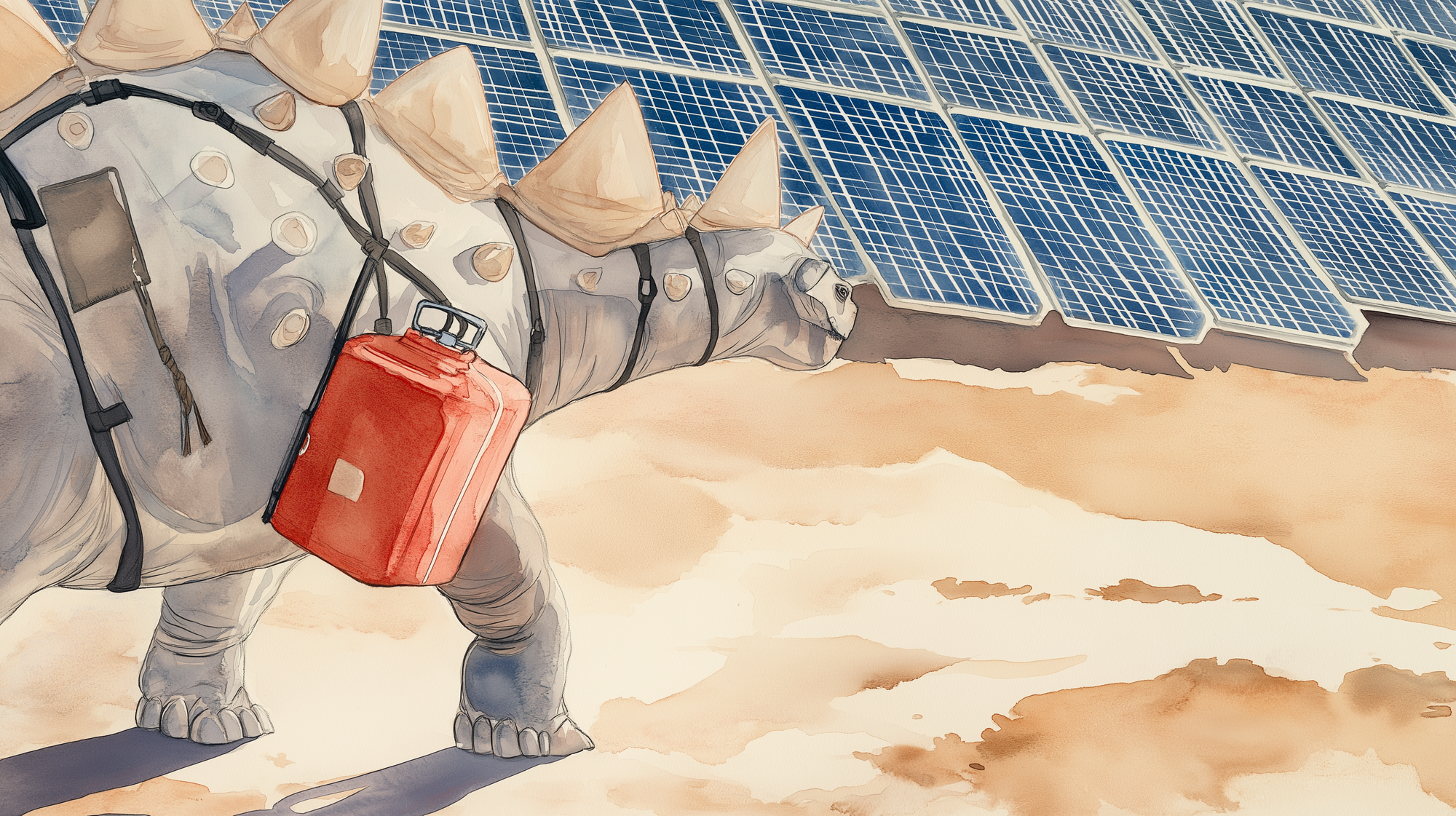 A tired-looking dinosaur carries a red jerry can past a large bank of solar panels.