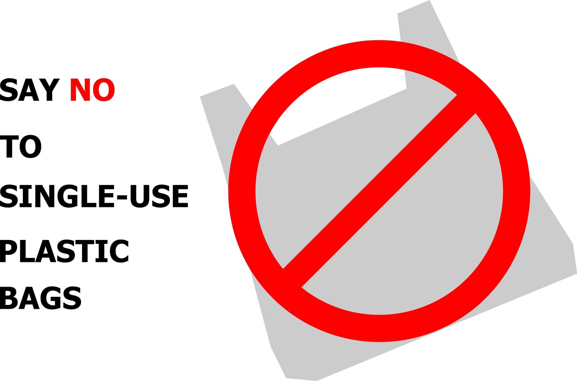 Blocky illustraion of plastic bag with a red NO circle imposed over it, with text "say no to single-use plastic bags" to the left.