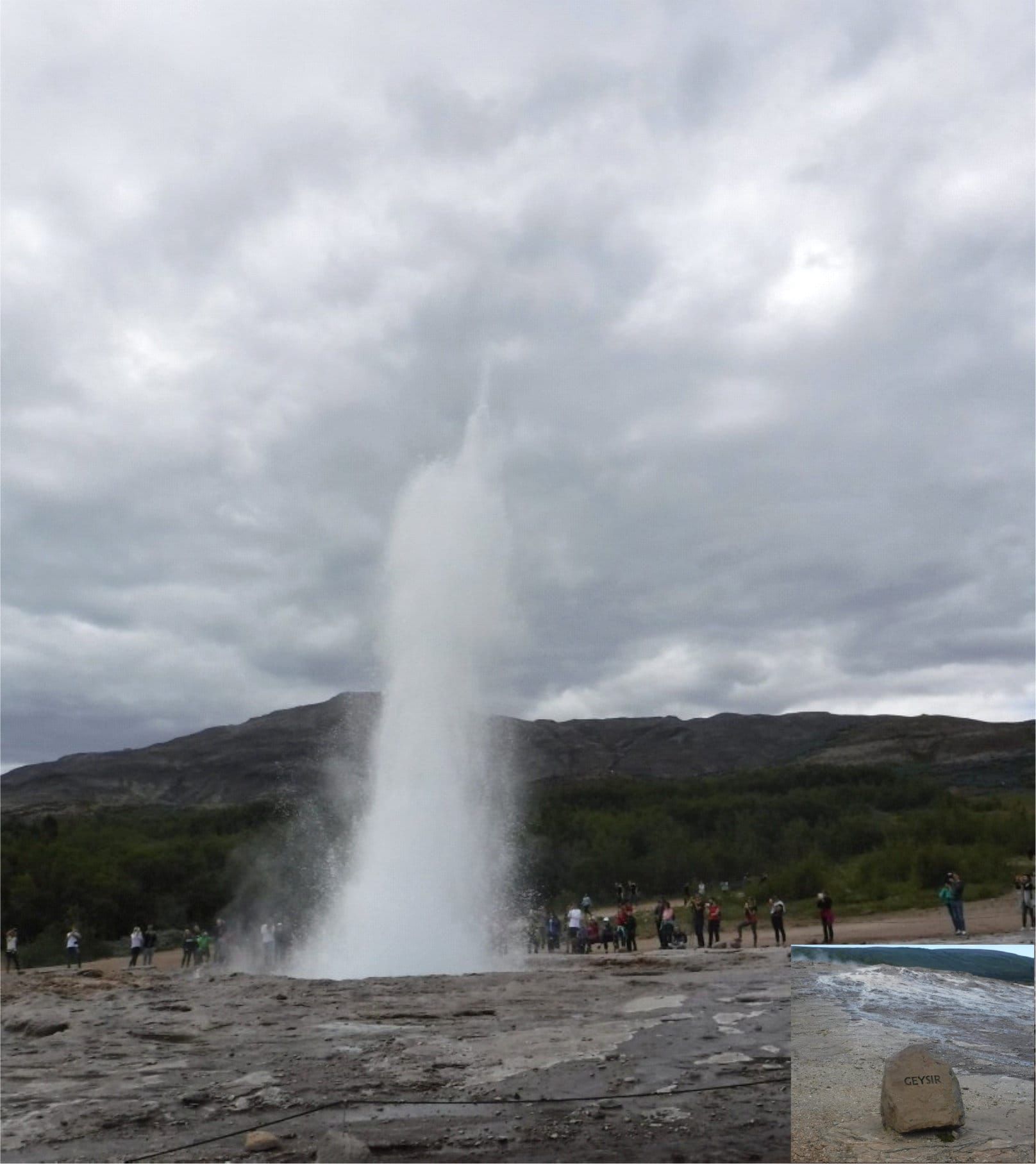 Photo of the orignal Geysir in Iceland erupting with a hot water fountain about 20 metres high
