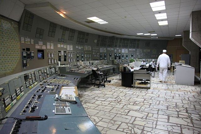 Operators in a fantastically complex Chernobyl control room.