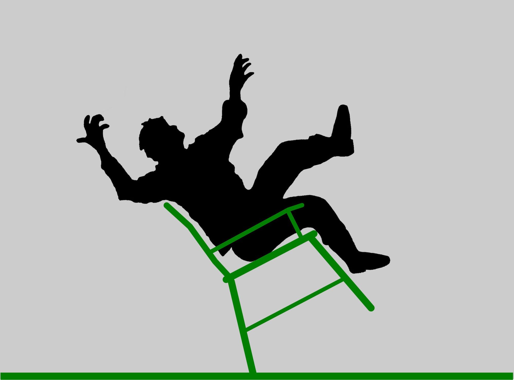 Clip-art type simple drawing of a silouetted figure leaning back too far in a chair so it is about to fall over.