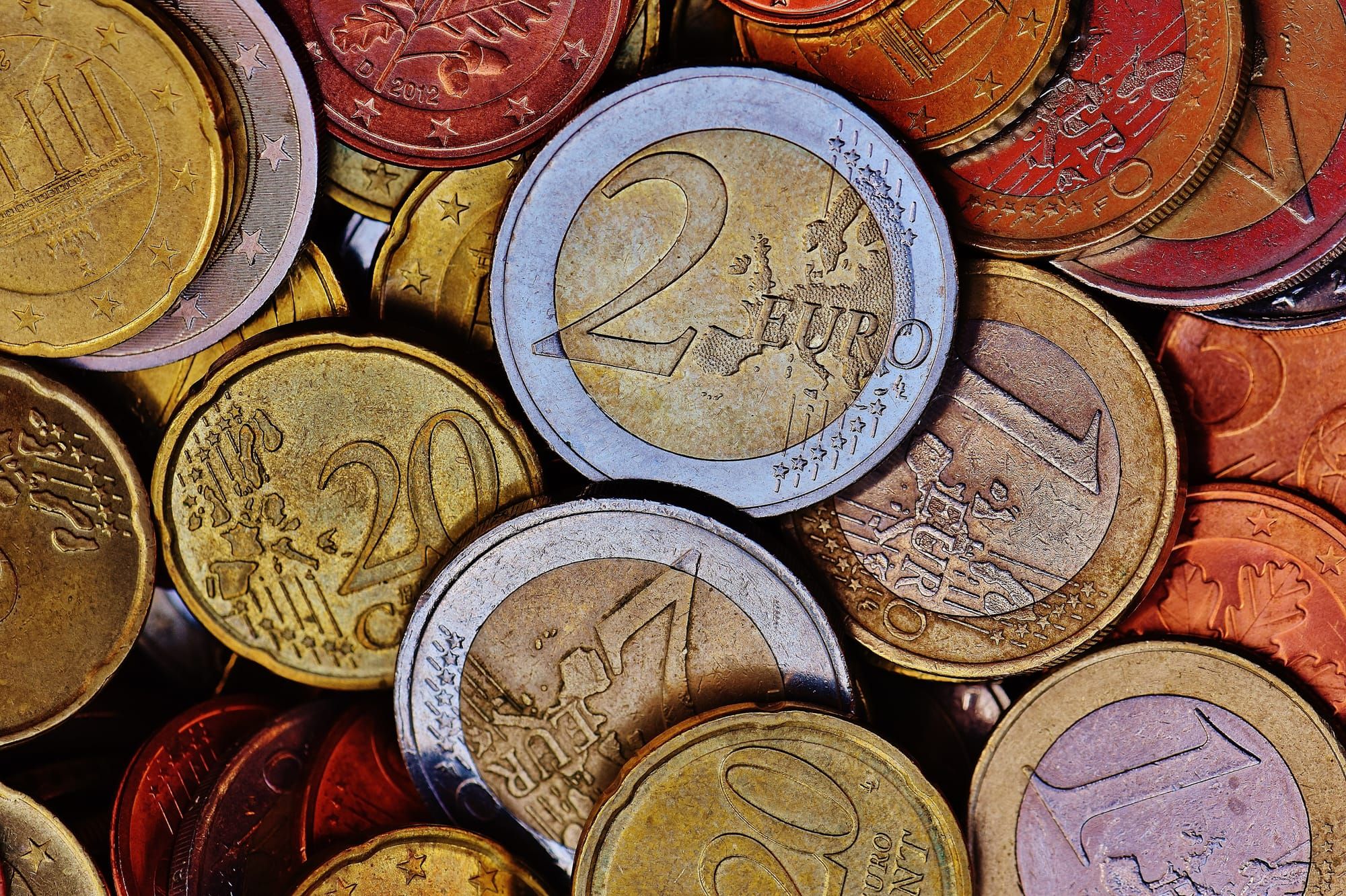 An assortment of European coins.