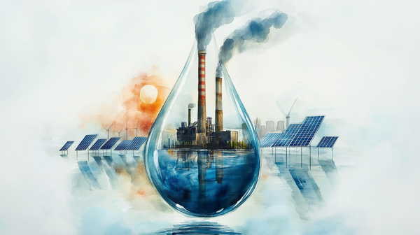 Solar panels form a background to a coal power plant, contained in a drop of water.