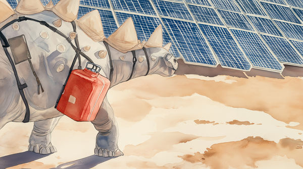 A tired-looking dinosaur carries a red jerry can past a large bank of solar panels.