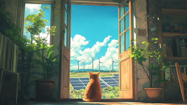 A fat tabby cat looks onto a field filled with solar panels and wind turbines.