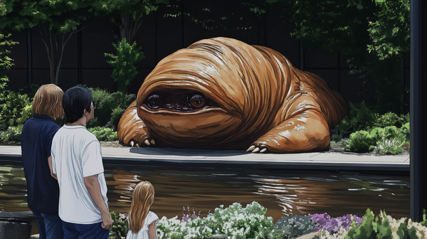 A family watches an obviously-dangerous monster crawling towards them, but they are not worried. The monster is slow.