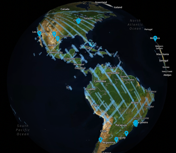 Map of the western hemisphere showing the flyover path of the International Space Station, with markers to show EMIT-detected plume sites.