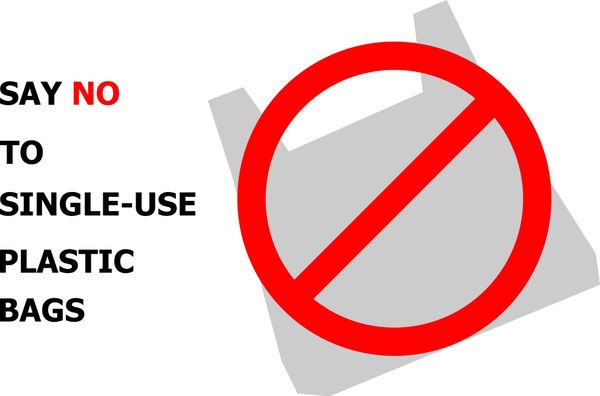 Blocky illustraion of plastic bag with a red NO circle imposed over it, with text "say no to single-use plastic bags" to the left.