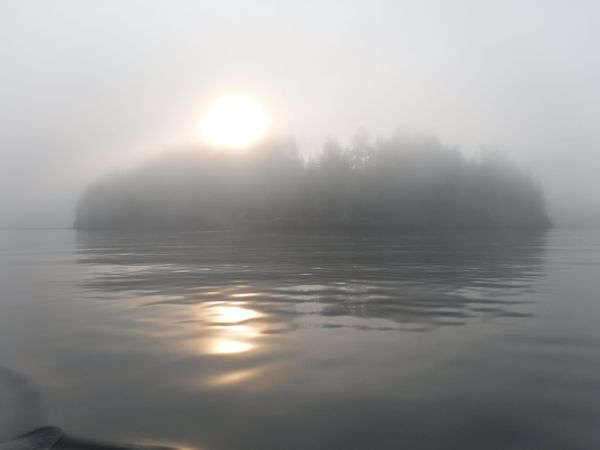 Photo of the low sun just above a small treed island in a calm sea, the whole mostly obscured by thick fog