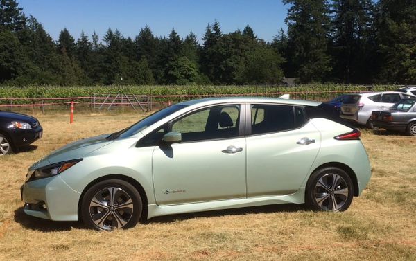 Side-on photo of second generation grey-green Nissan Leaf parked in a field