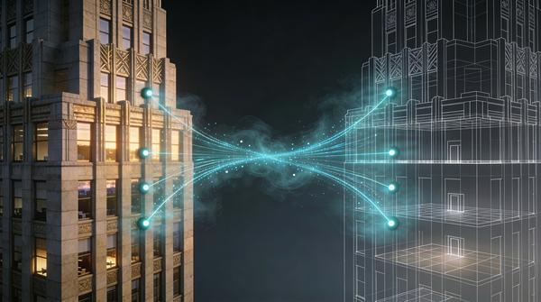 A building linked to its ghostly digital twin by flows of data