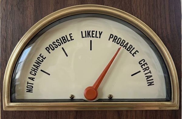 A half-round analogue gauge labelled with Not a Chance, Possible, Likely, Probable, Certain, in that order, with a needle pointing to probable