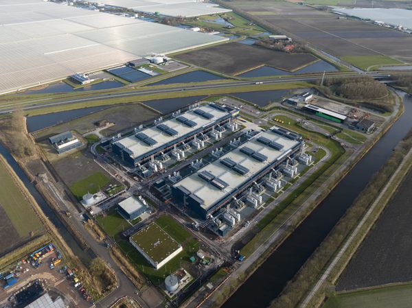 Aerial view of a typical data-processing facility, with visible external cooling equipment.
