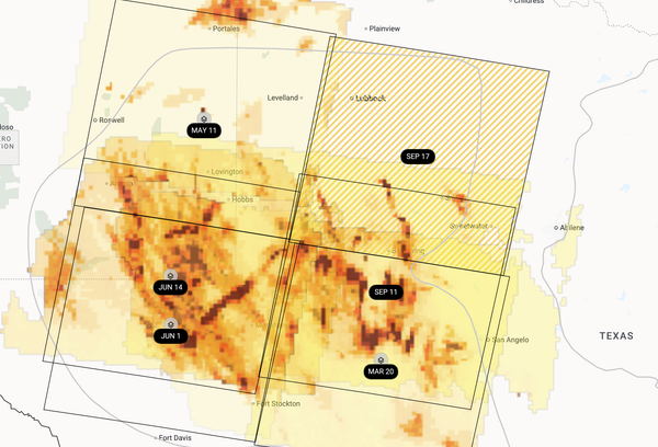 A false-colour image in the neighbourhoods of Abilene and Lubbock, Texas, showing high methane emissions from petro-industry sites.