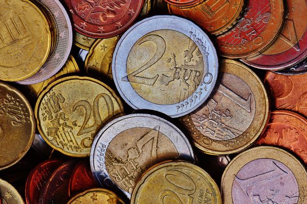 An assortment of European coins.