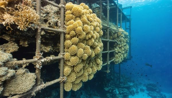 Colour photo of an undersea iron framework with corals growing on the bars.