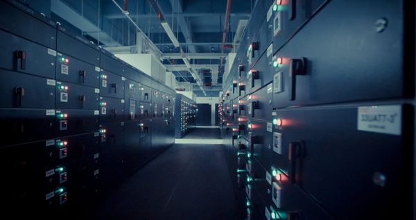 Giant racks of faceless computers operating in the heated darkness.