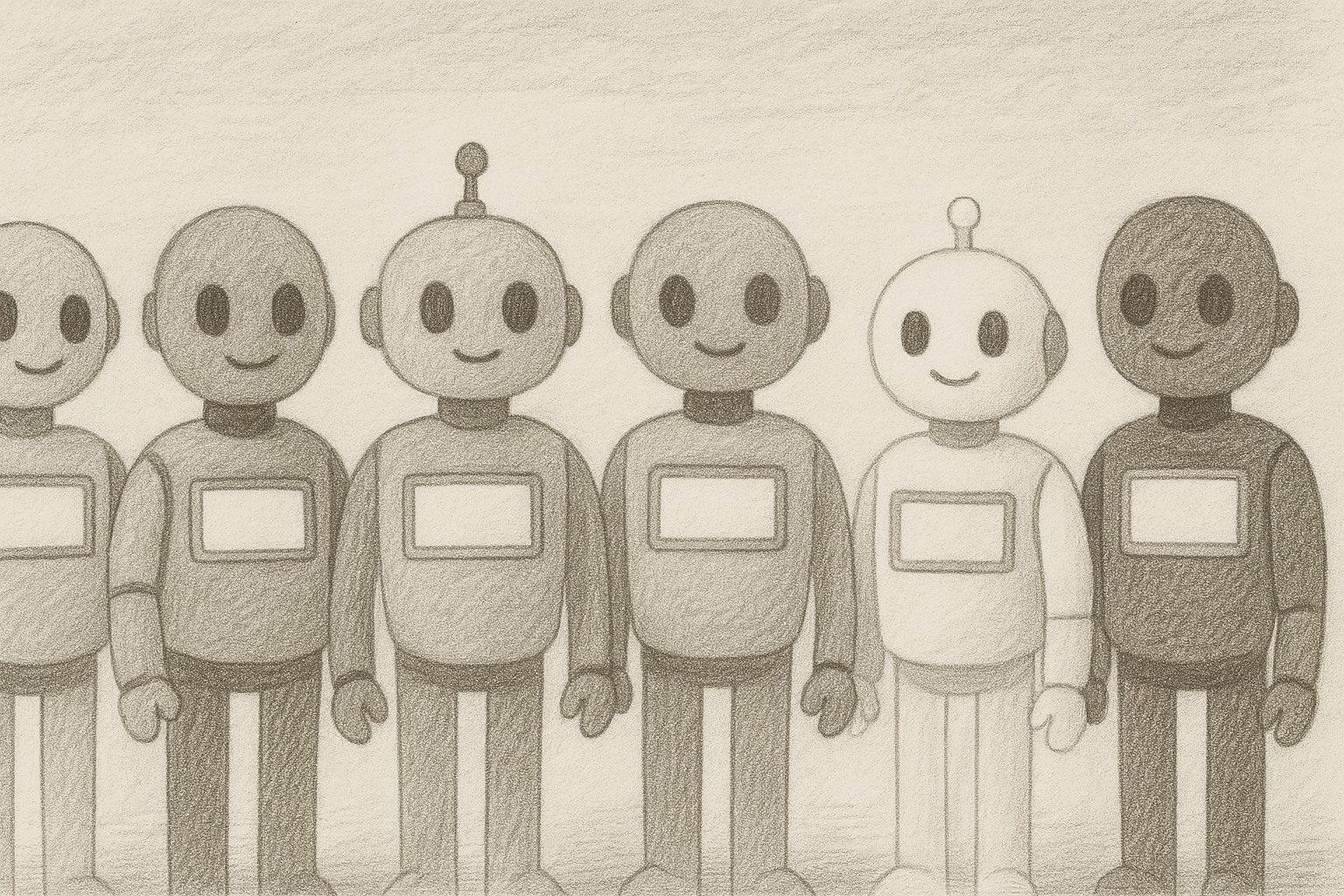 Illustration of multiple friendly robots wearing blank name tags, representing different AI agents with unique identities.