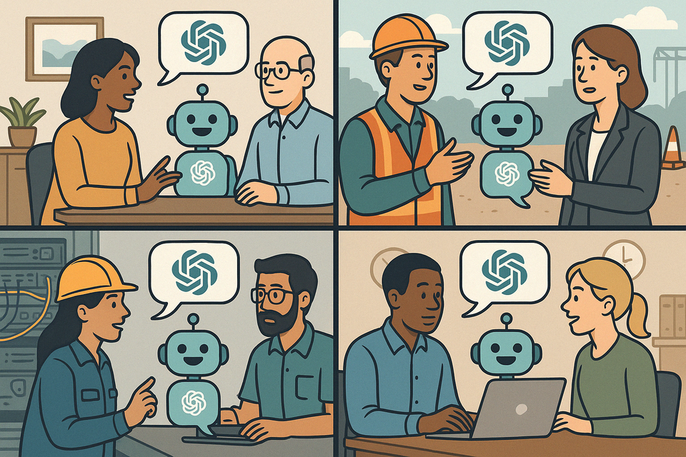 Cartoon showing four diverse local gov workers—from admin to public works—communicating with help from a friendly ChatGPT robot in each panel.