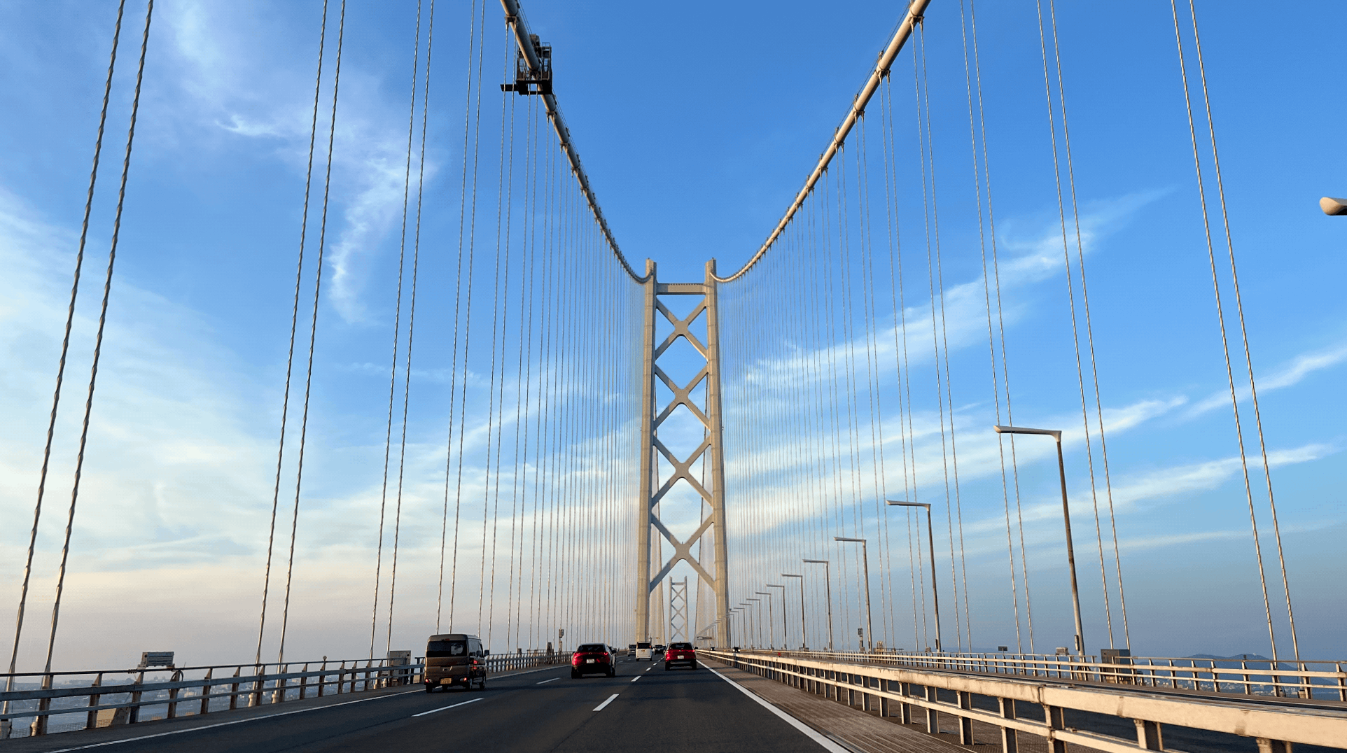 Driving through one of the suspension bridges that connect Shikoku Island to the main island of Japan. 