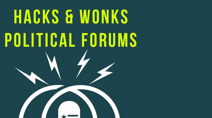 A graphical image with text at the top that reads "Hacks & Wonks Political Forum." Below the text is the top half of the Hacks & Wonks logo, which shows lighting bolts and circles emanating from a microphone.