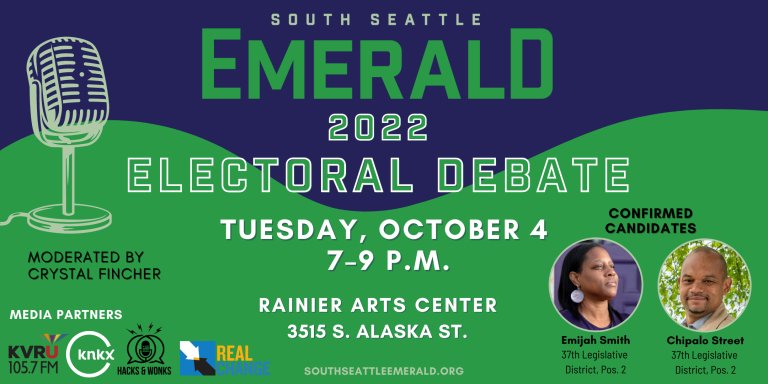 A poster advertising South Seattle Emerald's 37th LD State Rep debate on October 4 at 7:00pm, held at Rainer ARts Center.