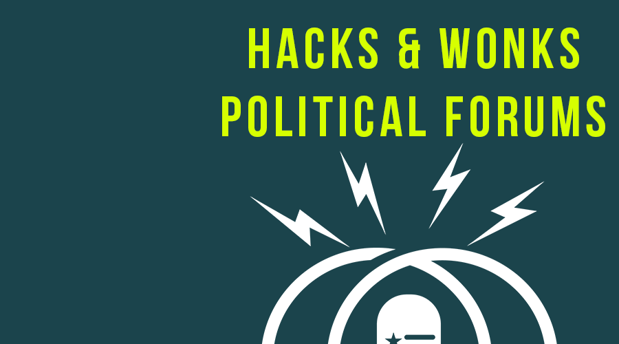 A graphical image with text at the top that reads "Hacks & Wonks Political Forum." Below the text is the top half of the Hacks & Wonks logo, which shows lighting bolts and circles emanating from a microphone.