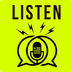 Icon showing the word "Listen" above the Hacks & Wonks logo, which shows speach bubbles surrounding a microphone, and lightning bolts emanating from the microphone.