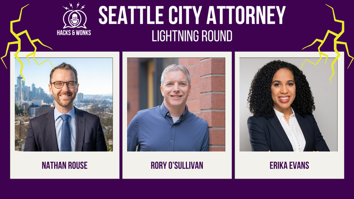 Hacks & Wonks Seattle City Attorney Lightning Round - Lightning bolts around photos of the Seattle City Attorney candidates: Nathan Rouse, Rory O’Sullivan, and Erika Evans