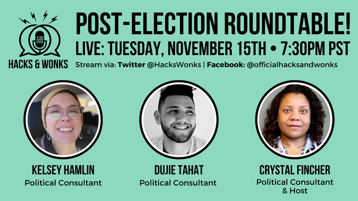 Flyer for Hacks & Wonks 2022 Post-Election Roundtable