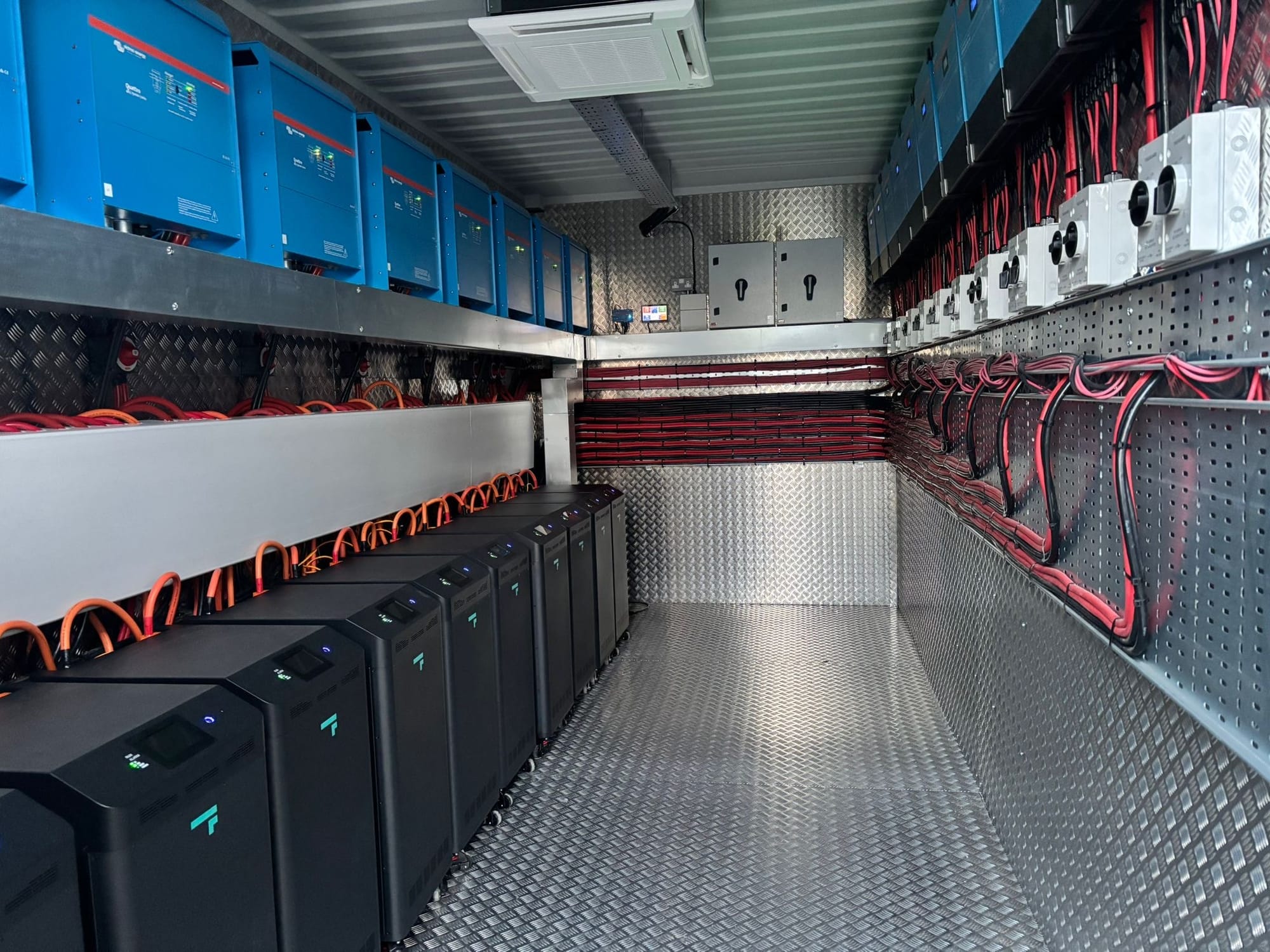 Image showing what the inside of the Wattbox looks like, batteries, inverters and solar controllers.