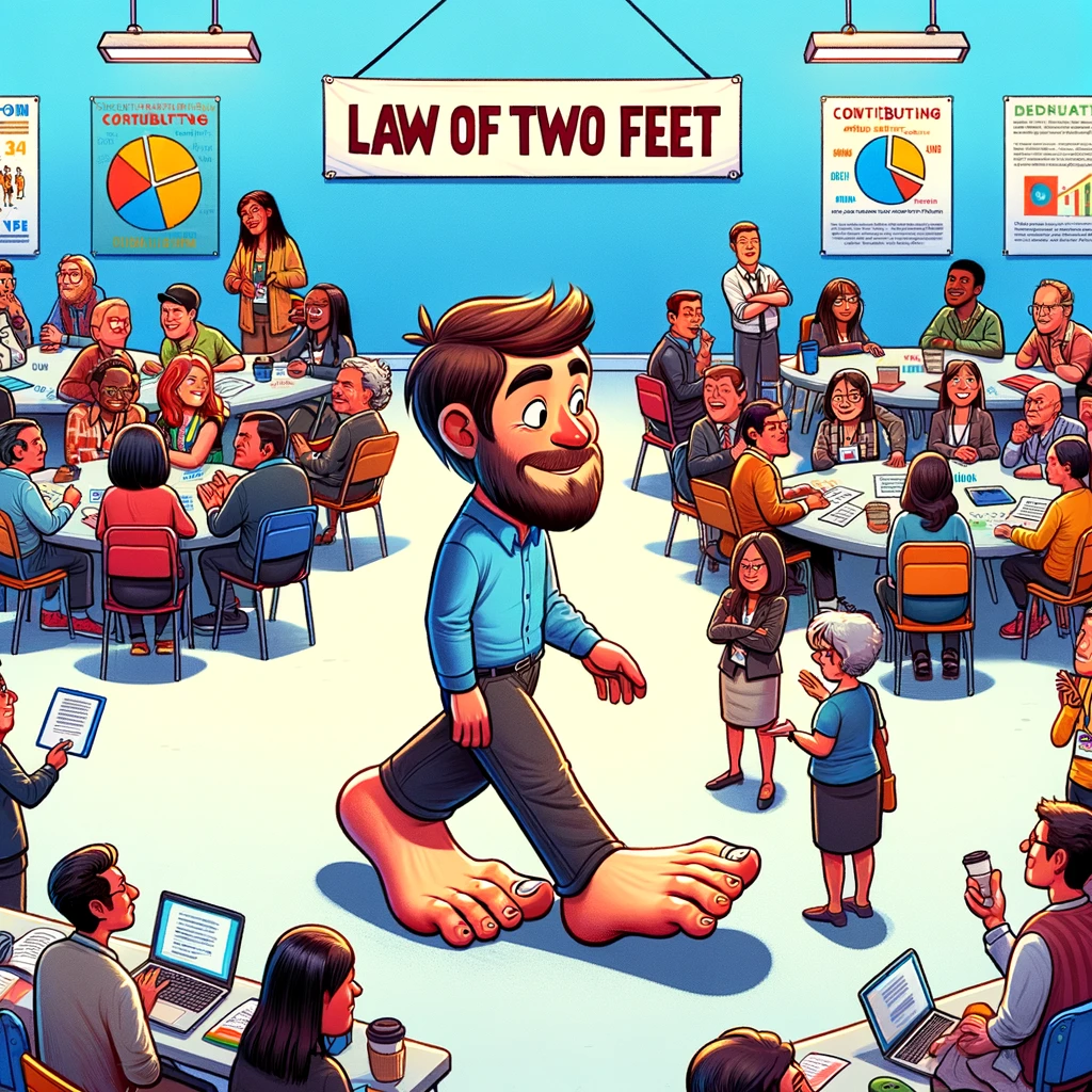 A man with huge feet walking amongst people holding meetings