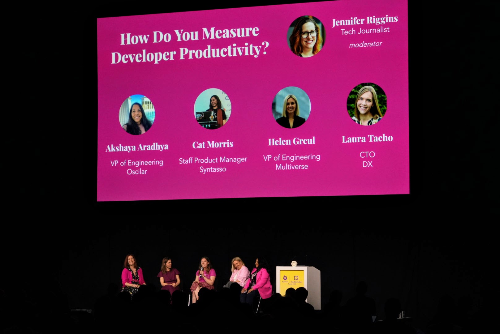 A picture of the full panel dressed in pink below their fully pink slides being projected on screen