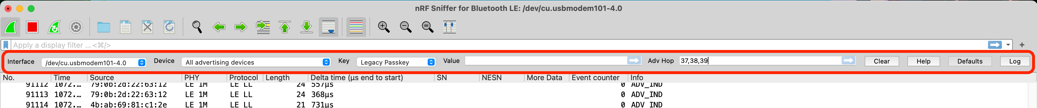 nRF Sniffer Interface Toolbar