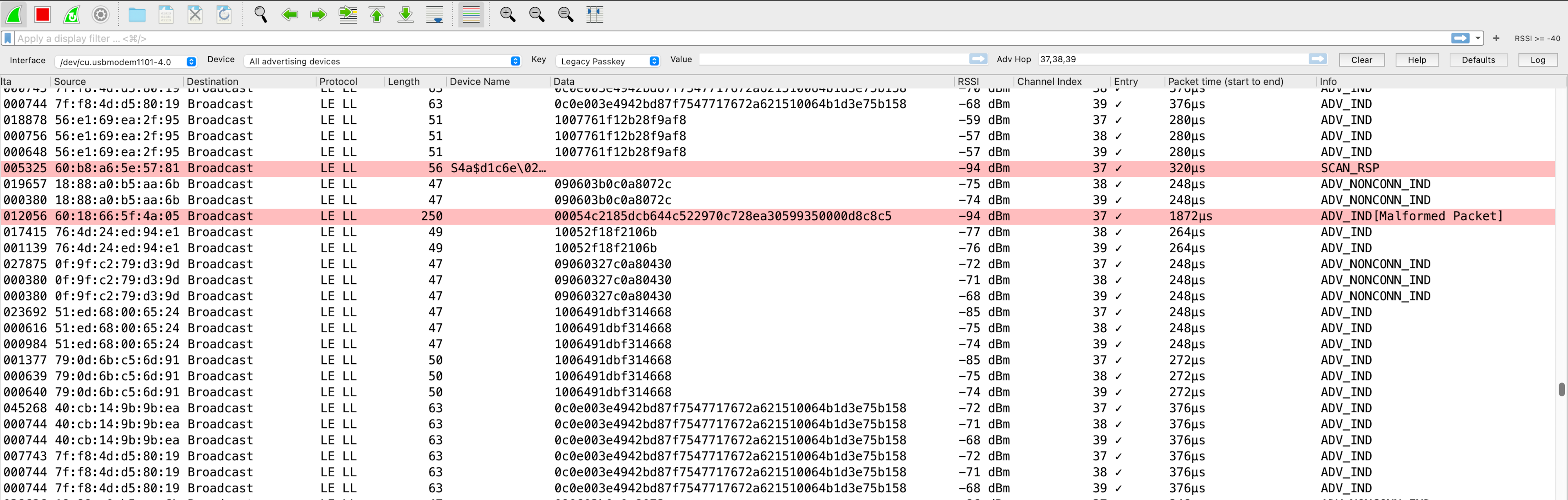 Bad CRC packets colorized with red