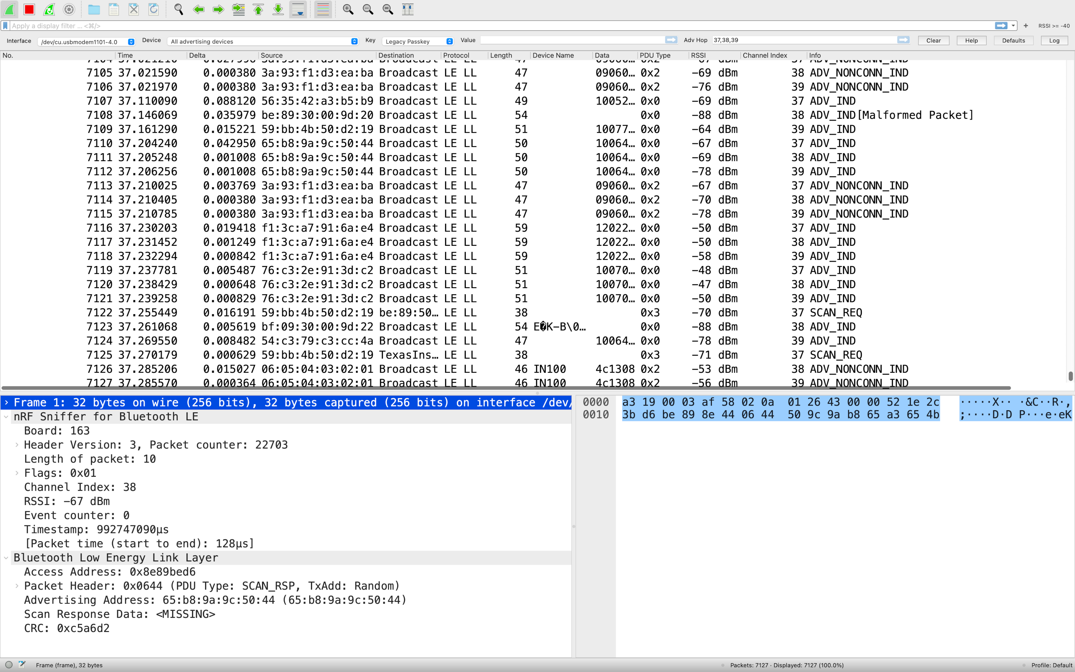 Wireshark capturing BLE traffic