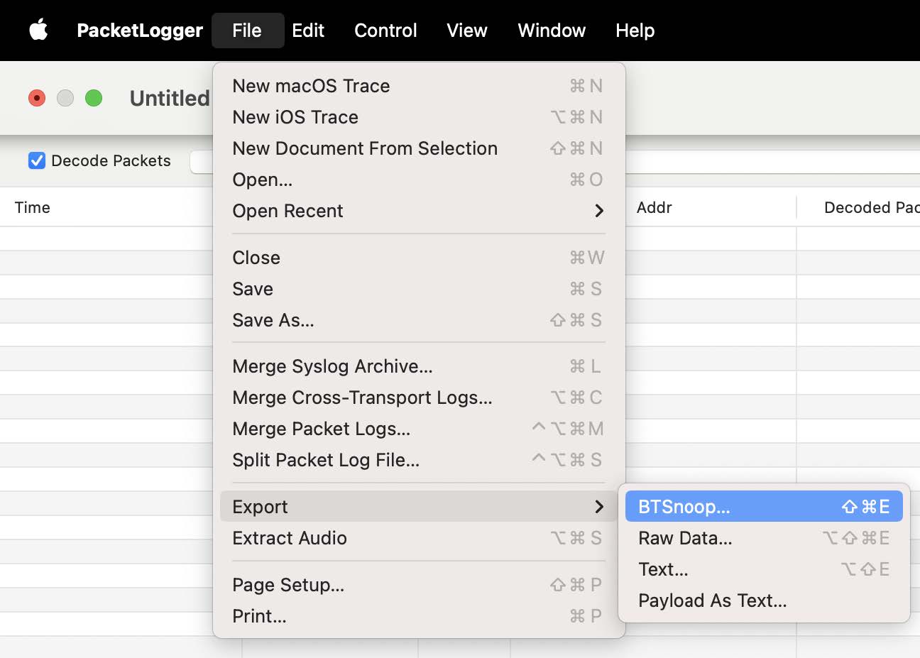Exporting HCI data in BTSnoop format