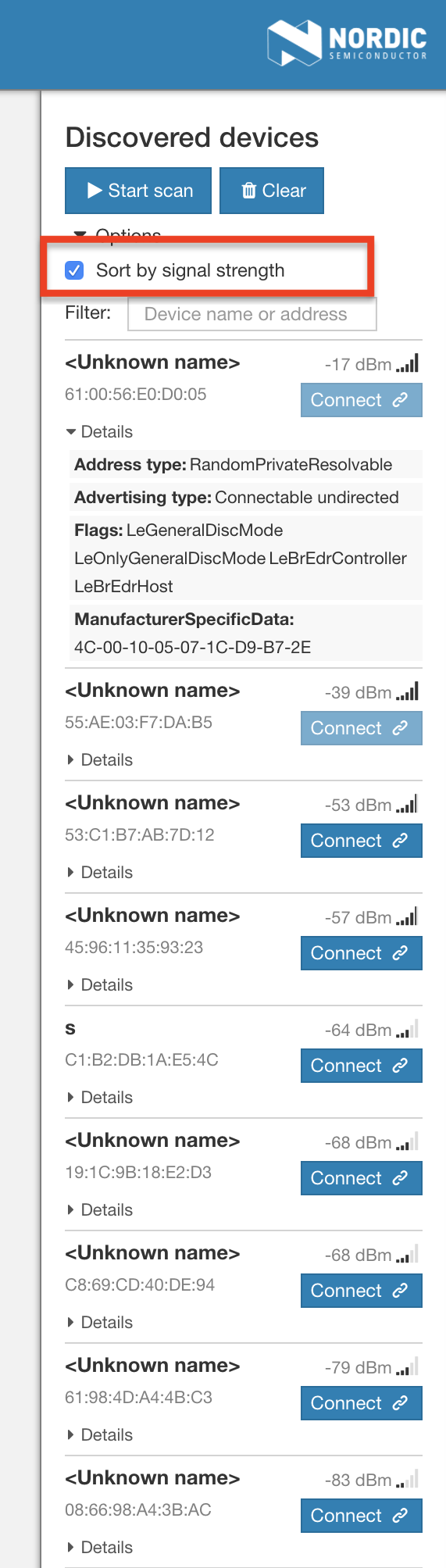nRF Connect Sort by RSSI value