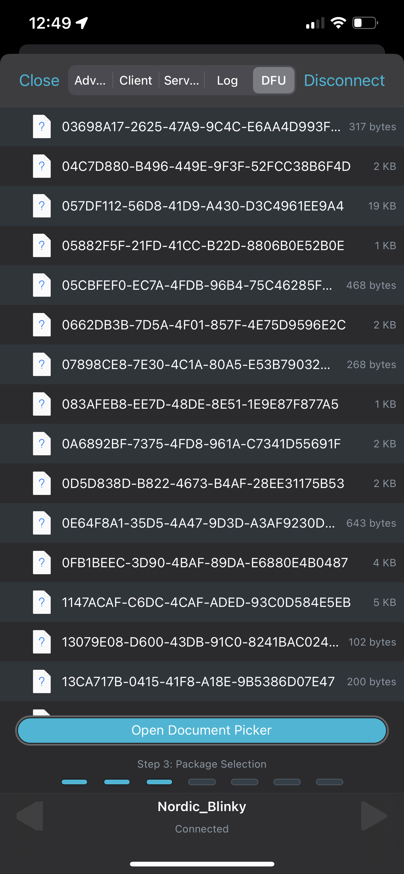 DFU tab in nRF Connect iOS app