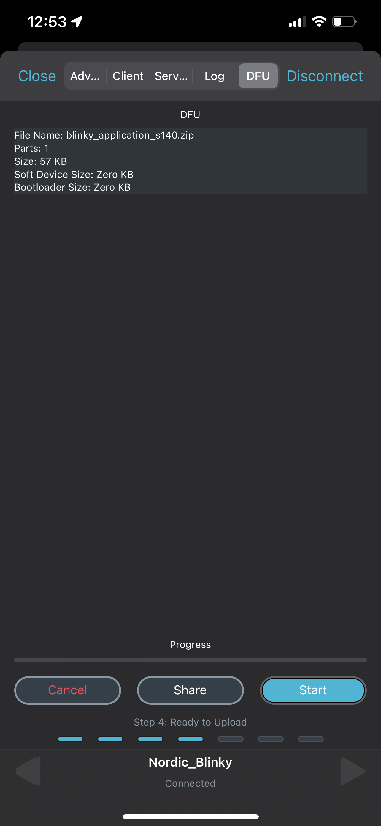 DFU package file selected in nRF Connect iOS