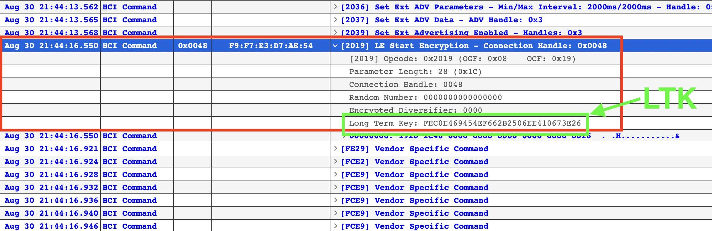 Capturing the LTK in Packet Logger during Pairing