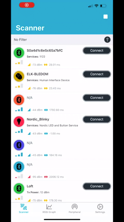 nRF Connect showing custom Blinky app with Buttonless DFU Service