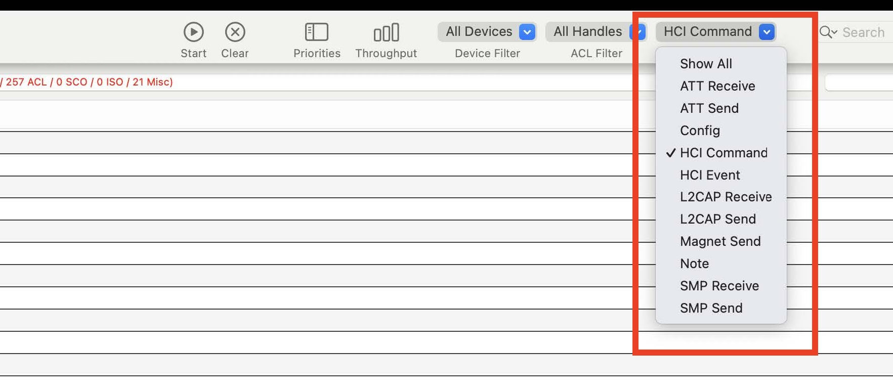 Filtering for HCI Commands in Packet Logger
