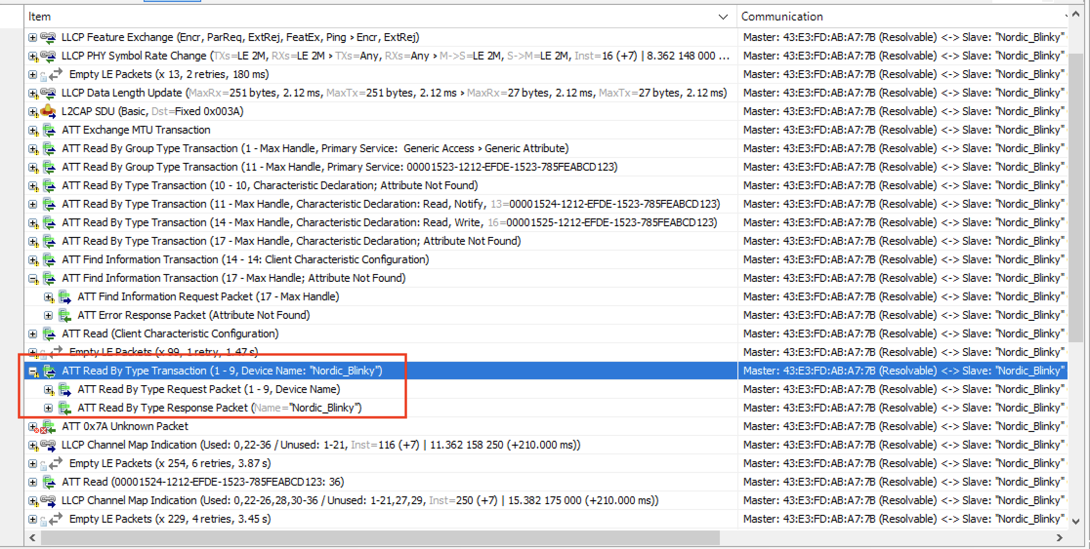 Read Device Name GATT operation in sniffer capture