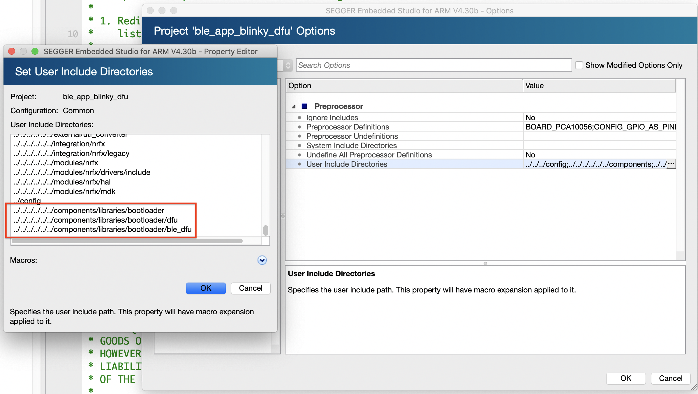 Include folders for DFU header files in Segger Embedded Studio