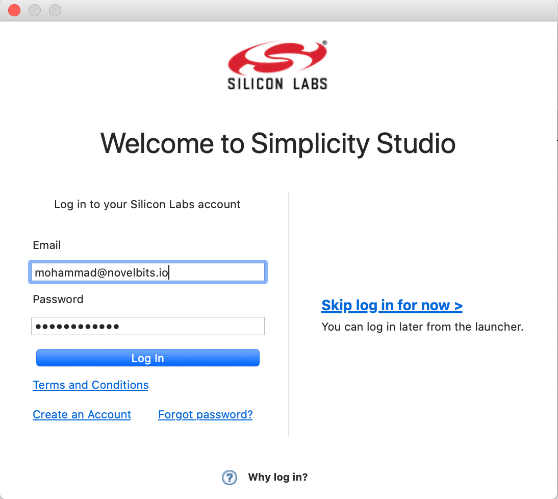 Simplicity Studio login screen with Silicon Labs account sign-in