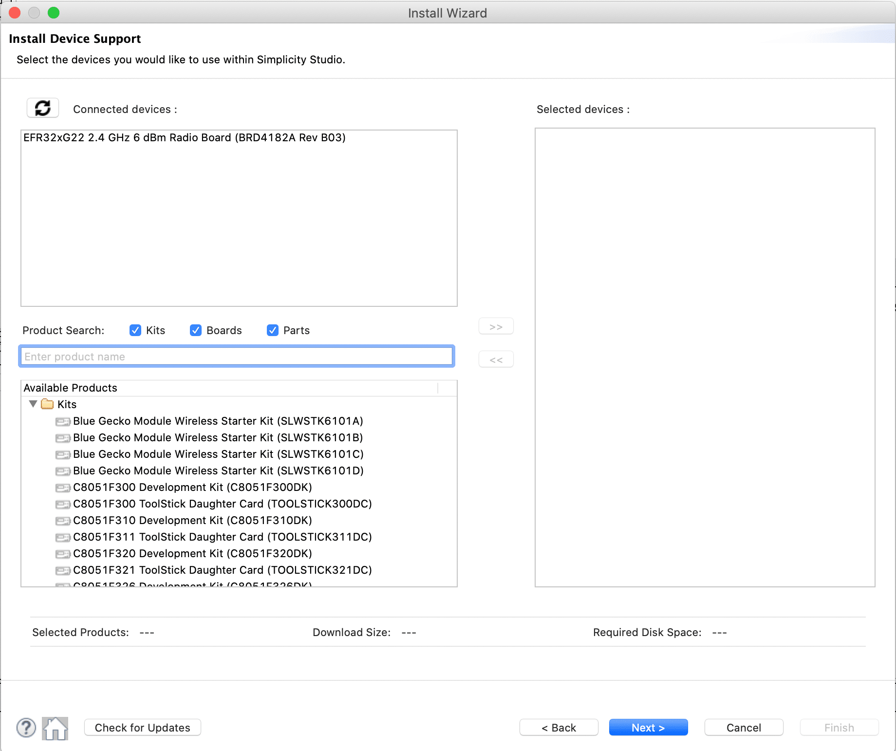 Simplicity Studio Install by Device screen showing detected EFR32BG22 device